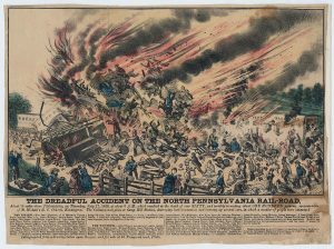 Color illustration of train wreck showing flames and people leaping from the train car.