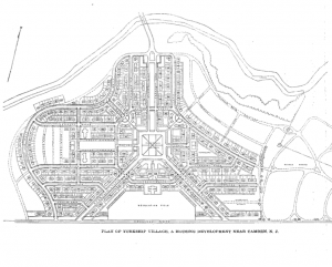 an overhead simplified line drawing of the Yorkship Village neighborhood of Camden. Houses, streets, parks, and rivers are illustrated.
